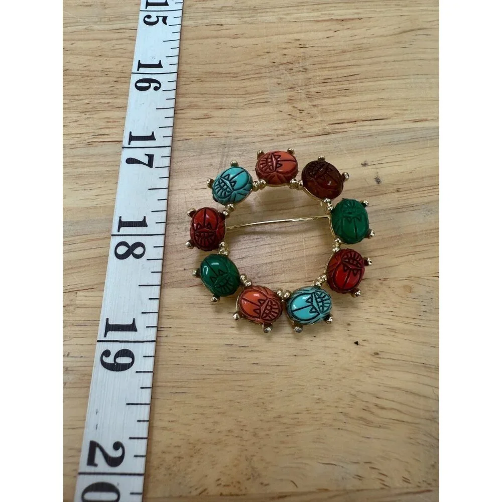 Vintage Gold-Tone Brooch With Multicolored Scarab Gemstones & Egyptian Revival - Picture 7 of 8